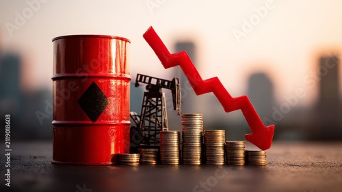 Oil barrel and pumpjack with a descending red arrow over stacks of coins, symbolizing a market decline, falling crude oil prices, energy crisis impact, economy reduction, and financial recession