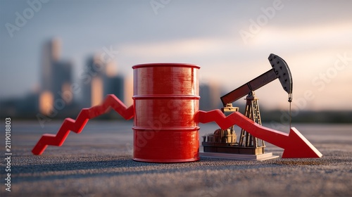 Oil barrel featuring a pump jack and a red descending arrow, symbolizing falling crude oil prices, an economic recession, market collapse, and global energy crisis affecting petroleum production