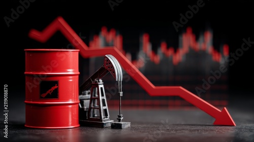 Oil barrel and pumpjack miniatures with a red down arrow and blurred financial chart, symbolizing plummeting crude prices, energy crisis and global economic recession effects