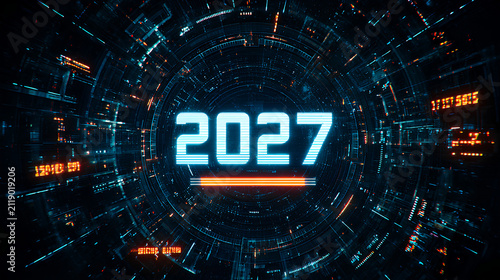 Futuristic 2027 Digital Timeline Interface with Hand Selecting Future Year on Virtual Screen. 2027 new year concept