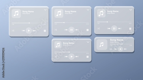 Glassmorphism music player UI elements. Frosted acrylic media control interface icons.