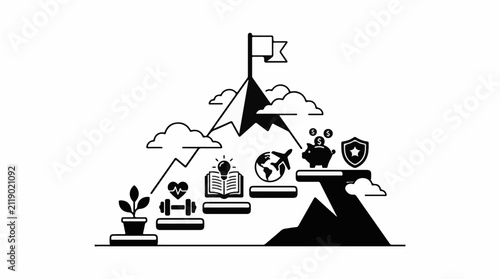 A mountain climb with icons representing health knowledge travel savings and security