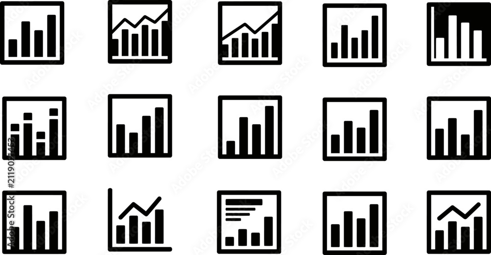 Obraz premium Set of fifteen black and white business icons featuring various styles of bar graph and financial data charts