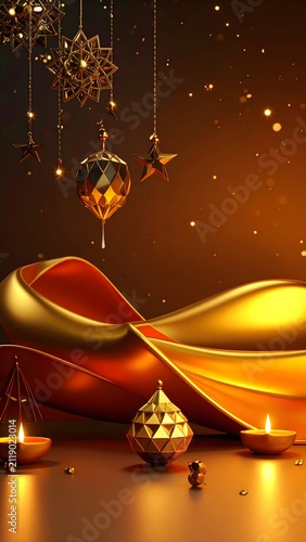 An opulent Diwali celebration unfolds with golden ornaments, shimmering diya lamps, and a rich, warm ambiance, evoking a sense of divine grace and festive splendor.
