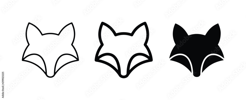 Fototapeta premium Fox Head Icons: Minimalist Outline, Filled, and Silhouette Vector Graphics for Wildlife and Nature Themes