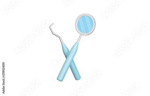 Dental mirror and scaler 3d icon. Dental examination, oral diagnosis and professional oral healthcare concept. Isolated 3D object.