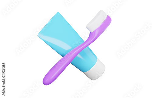 Toothbrush and toothpaste 3d icon. Daily oral hygiene, dental care and teeth cleaning concept. Isolated 3D object.