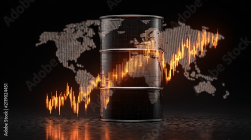 Oil barrel displaying global map with increasing stock market graph, symbolizing worldwide energy trade, petroleum economy, global market trends, and commodity price fluctuations