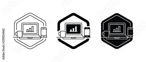 Business Technology Icons: Laptop, Smartphone, Coffee Mug, Data Charts, Hexagon Design, Vector Graphics