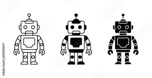 Retro Robot Icons, Vintage Android Vector Graphics, Classic Cyborg Illustrations, Simple Machine Art