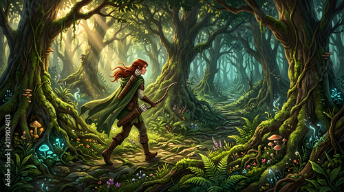 Fantasy elven archer woman walking through an enchanted forest with old trees.
