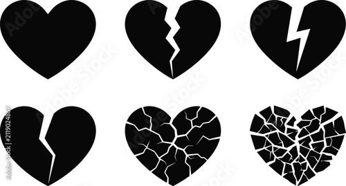 Fotografie Broken Heart and Divorce Icon Set Showing Heartbreak Crack Destruction Separatio