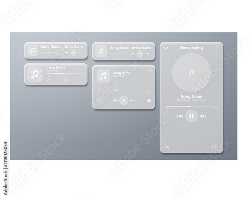 Music player glass UI kit. Frosted glass interface design for mobile audio applications.