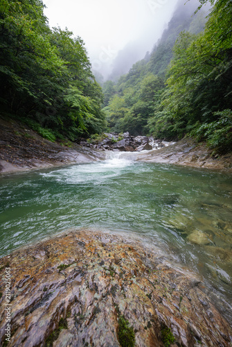 Misty mountain gorge with emerald green river flowing through rocky canyon surrounded by lush forest in Japan