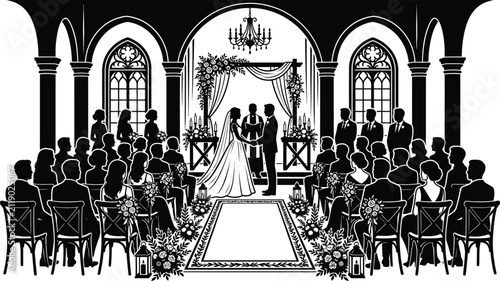 Silhouette illustration of classic wedding ceremony scene inside church with guests and couple