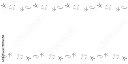 Fame from Outline Sea shells. Horizontal top and bottom edging, border, decoration on theme of Beach holiday. Suitable for summer design, kids activity or coloring book