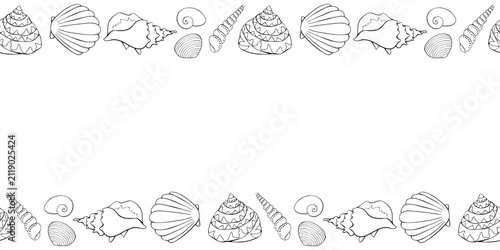 Fame from Outline Sea shells. Horizontal top and bottom edging, border, decoration on theme of Beach holiday. Suitable for summer design, kids activity or coloring book