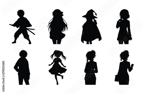 Anime Character Silhouettes Collection: Diverse Figures, Manga Style, Black Vector Icons for Design