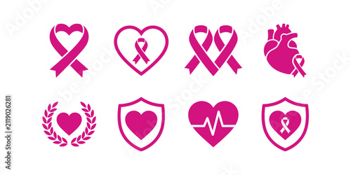 Collection of pink breast cancer awareness icons featuring ribbons hearts and medical symbols on white background