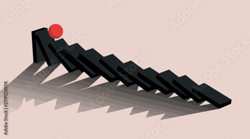 Conceptual 3D Illustration of Falling Black Domino Tiles and a Red Ball Showing Chain Reaction