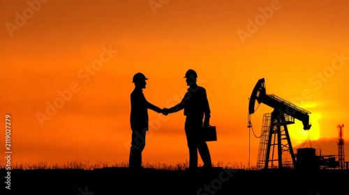 Two professionals in hard hats shake hands in silhouette against an orange sunset by a pumpjack and industrial site, symbolizing an energy industry partnership and successful deal
