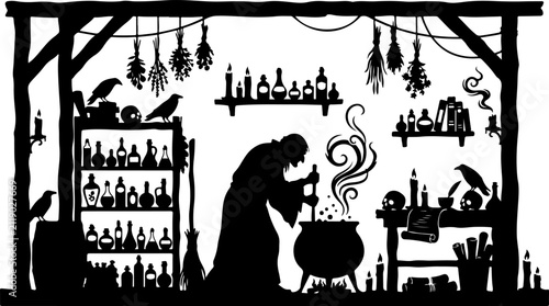 Silhouette of a witch stirring a magic cauldron in a potion workshop vector illustration