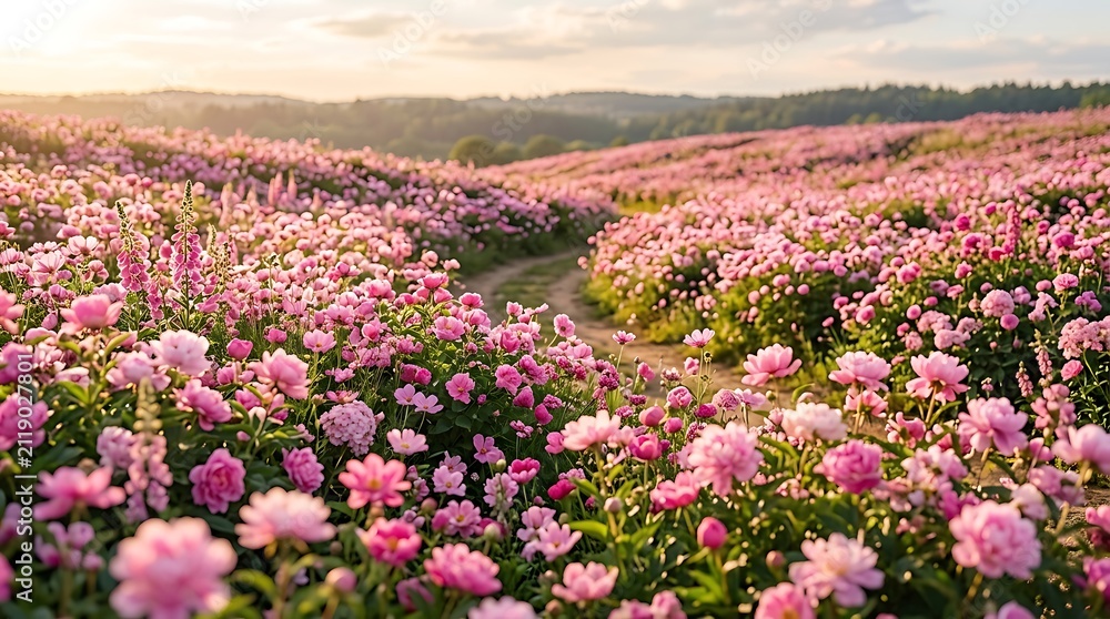 Fototapeta premium A breathtaking panoramic view of a vast blooming flower field with vibrant pink peonies stretching across rolling hills during a golden sunset