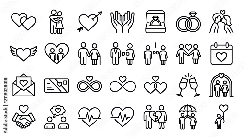 Fototapeta premium Love and wedding celebration line icon set.