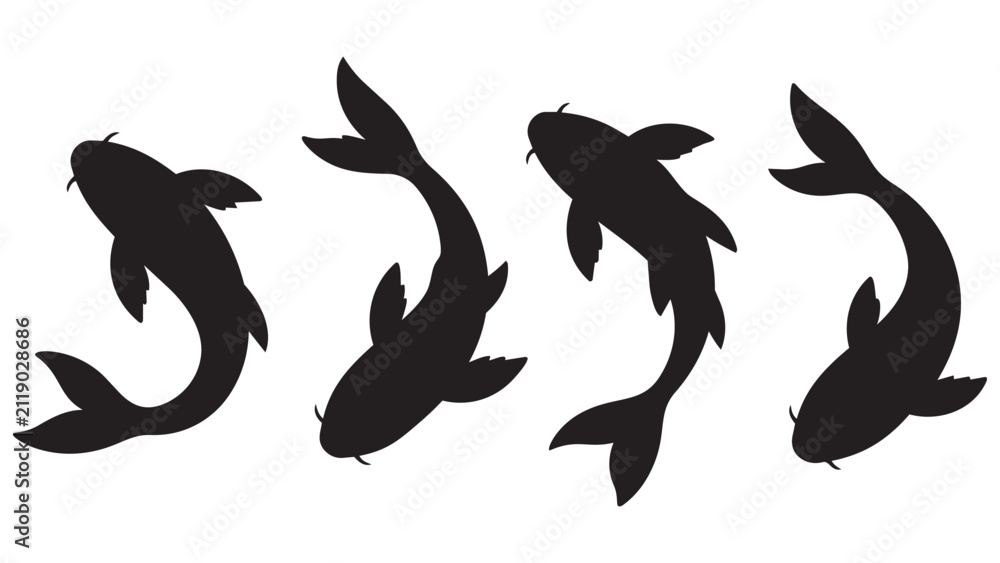 Fototapeta premium Black Koi Fish Silhouette Vector Art Set - Minimalist Japanese Koi Design for Logos, Branding, Tattoos, and Modern Illustrations
