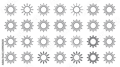 Minimalist sunburst and radiant light ray line icons.