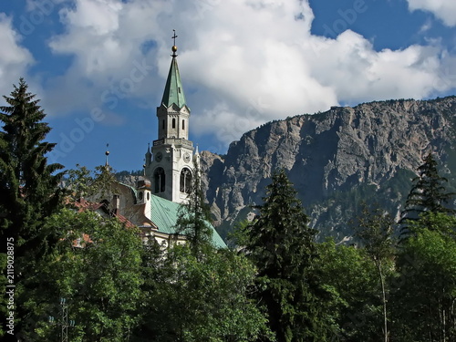Принти на полотні An autumn view of the church or synagogue in the center of Cortina d'Ampezzo, Do