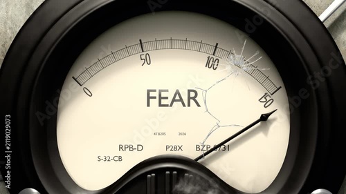Fear meter showing big levels of fear. Dangerously increasing high values of fear, critical overload. Too much, off the charts. Max fear