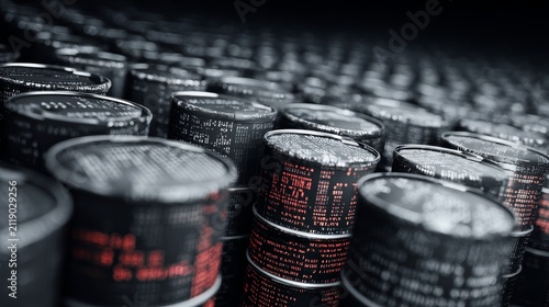 Row of oil barrels overlaid with digital market data and red price drops, visualizing volatile crude oil trading, energy commodity risk, and global economic uncertainty
