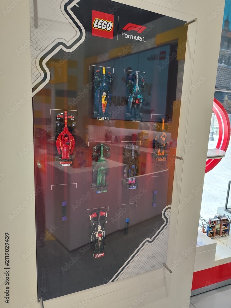 Fototapeta premium LEGO Formula 1 Racing Cars Display Stand with Miniature Speed Champions Models on Board in Store. Milan, Italy - June 24, 2026