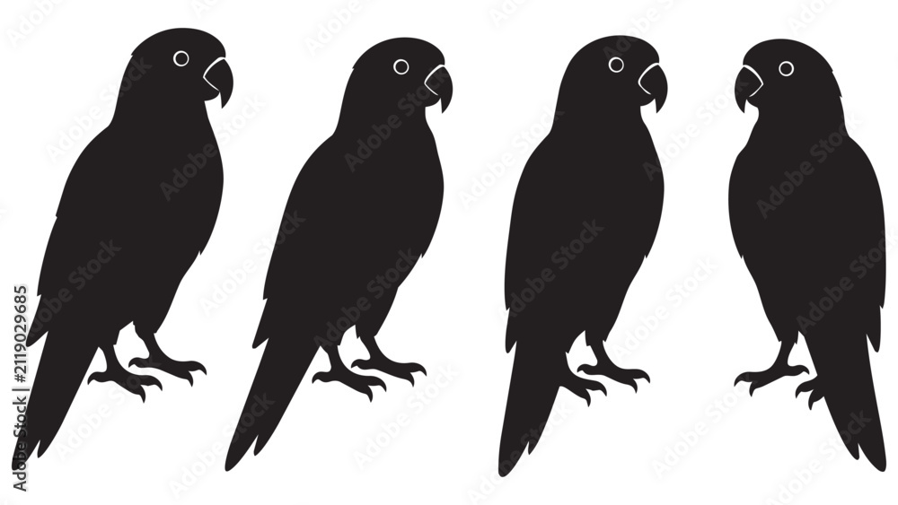 Fototapeta premium Black Silhouette Parrot Birds Vector Illustration Set of Four Minimalist Designs for Logos Branding Posters
