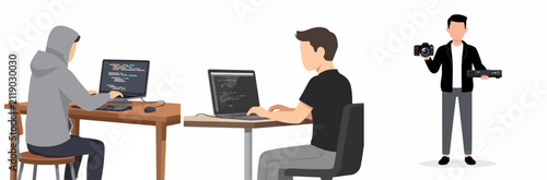 Foto Collaborative remote team working with coding and photography tasks