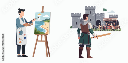 Medieval knight and artist painting castle festival landscape