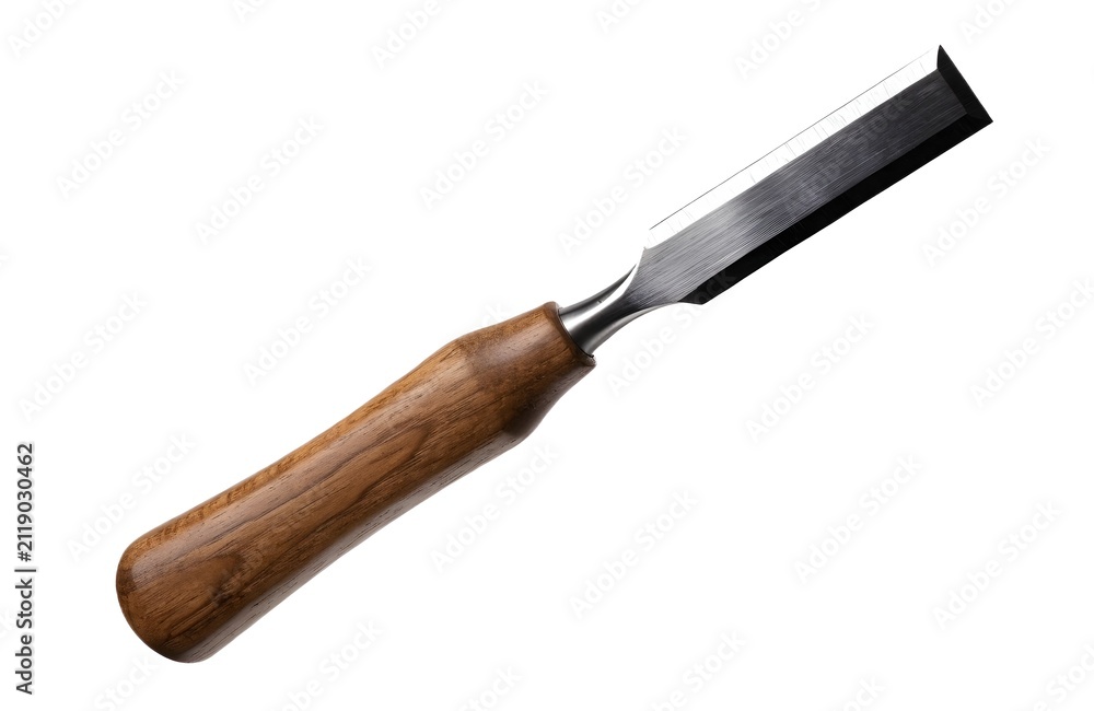 Fototapeta premium Woodworking chisel with wooden handle. Professional steel tool for carpentry and carving.