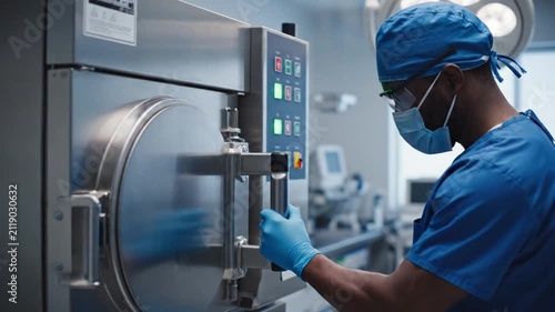 Medical professional loading surgical instruments into an autoclave for sterilization in a hospital.