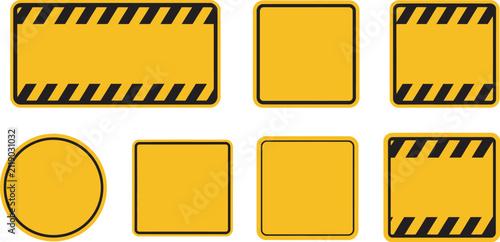Yellow warning sign boards vector illustration set with blank caution hazard frames, isolated on white background for safety notices, construction sites, danger alerts, industrial signage, and graphic