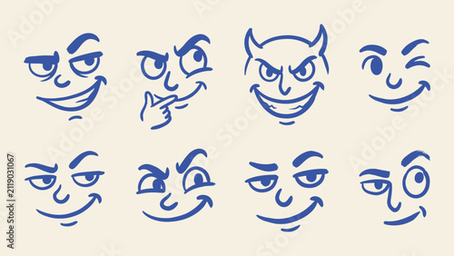 Принти на полотні Mischievous cartoon faces vector set with smirking and devilish expressions hand