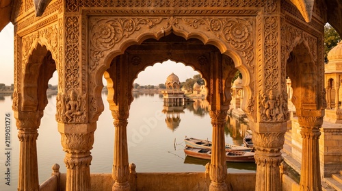 Intricate sandstone carvings of a traditional chhatri pavilion overlooking Gadisar Lake at sunset in Jaisalmer, Rajasthan, India