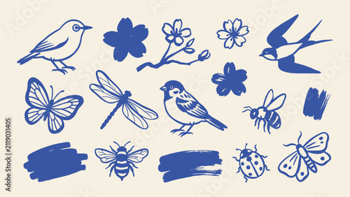 Blue linocut nature vector illustration set featuring birds, butterfly, dragonfly, bees, ladybug, and cherry blossoms for spring design