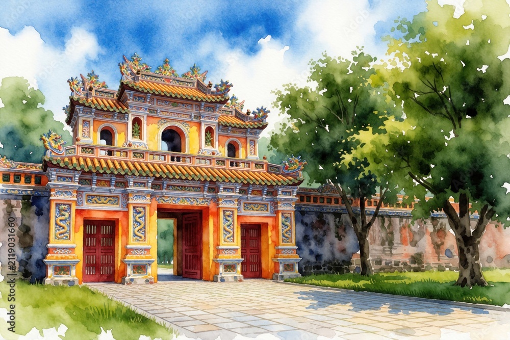 Obraz premium Watercolor painting shows ornate traditional Asian imperial gate with dragon motifs. Bright sunny day with blue sky and clouds illuminates ancient architecture and green trees.