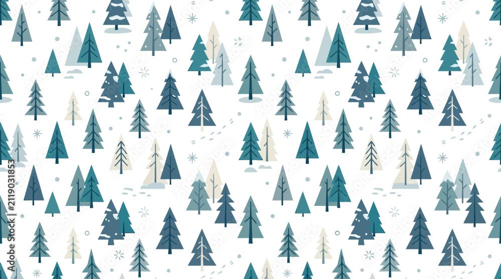 Obraz premium Pine tree forest pattern showcases a dense collection of evergreen shapes in various shades of blue and white, creating a tranquil winter scene.