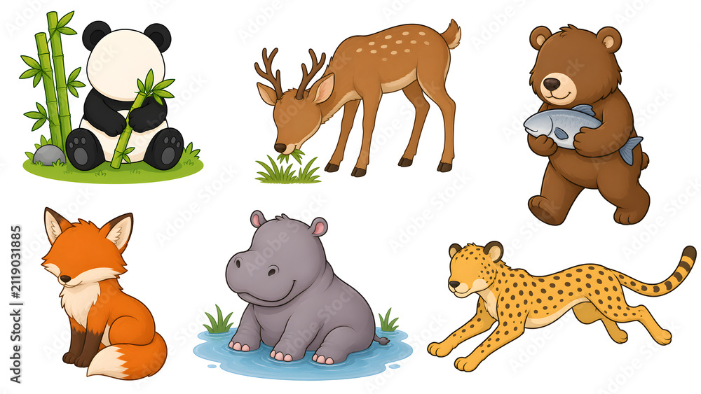 Obraz premium Cute Woodland Animals Cartoon Clipart Set Isolated on White Background