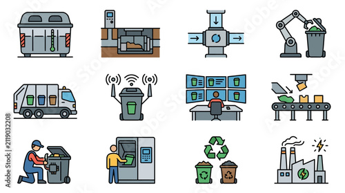 Modern Waste Management and Recycling Process Illustrated with Colorful Icons and Equipment with high quality professional line art symbols for modern creative design and digital branding projects