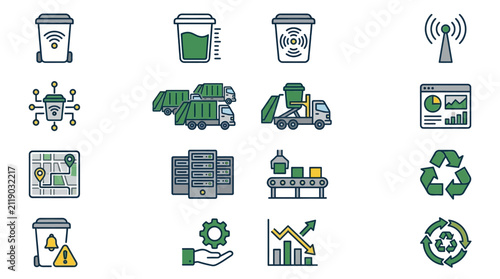Industrial Smart Waste Management and Recycling Process Illustrated with Modern Icons and Vehicles
