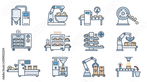 Clean Minimalist Line Art Illustrations of Automated Bakery Production Process with Grayscale Tones