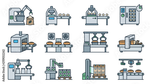 Dynamic Illustrated Guide to Modern Automated Bakery Production Line Equipment and Processes with high quality professional line art symbols for modern creative design and digital branding projects